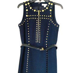 MICHAEL KORS Navy Zip Front Sleeveless Gold Studded Dress